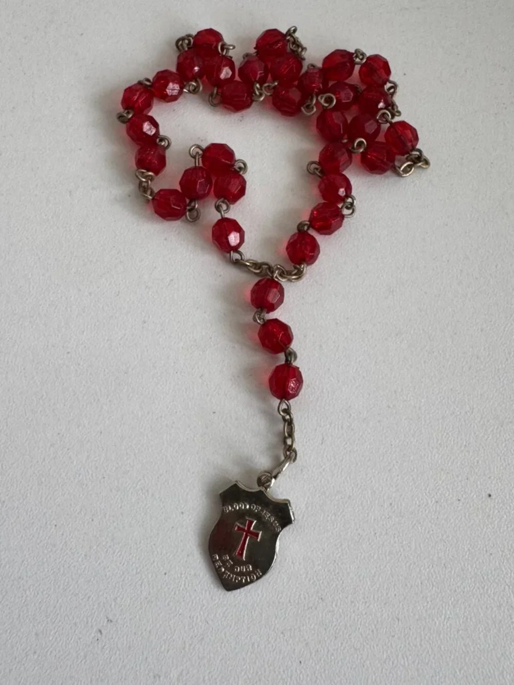 Vintage Red Glass Rosary Blood of Jesus Cross Medal Exodus 12:13 Prayer Beads
